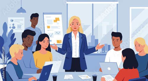 Leading the team: a stylized illustration of a collaborative business meeting