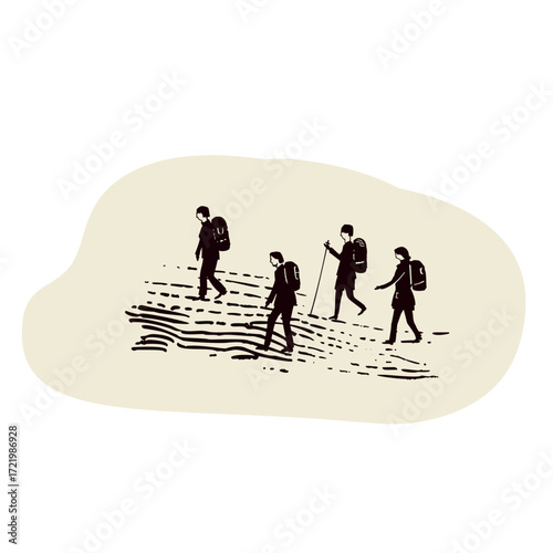 Sketch of pilgrim group with hat, rucksack and shell walking on path . For Canterbury pilgrims way or Santiago de Compostela religious pilgrimage walk people vector icon drawing.