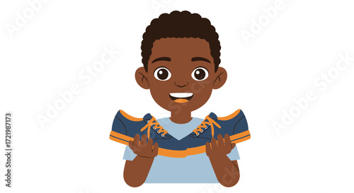 Joyful young refugee boy smiling holding donated brand-new pair of school shoes
