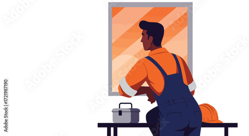 Contemplative factory worker gazes out window during vibrant sunrise