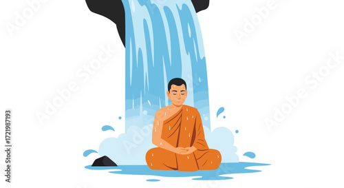 Meditative monk under a waterfall, finding serenity and peace within nature