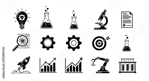 Modern monochrome icon set for scientific research, technological innovation, business strategy, and industrial development, perfect for visualizing key progress concepts