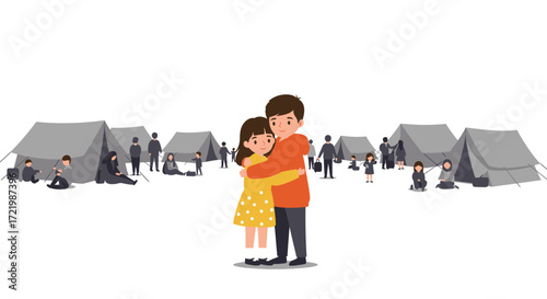 Stylized vector illustration of sibling affection at a refugee camp
