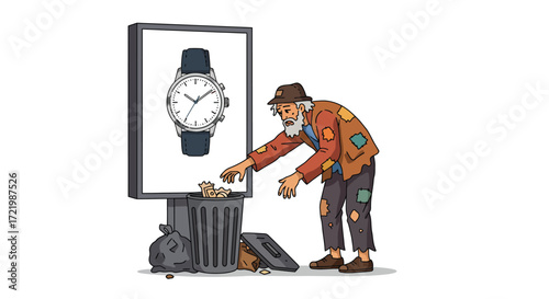 Juxtaposition of luxury advertisement and poverty reflected in vector art