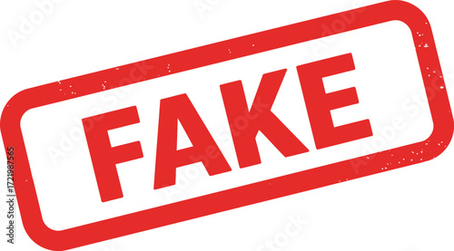 Red stamp with fake text proving authenticity or deception for documents and content isolated on transparent background