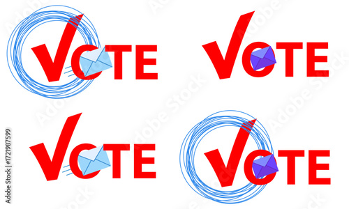 concept Vote by mail. Icon red envelope with blue word Vote. Vector illustration isolated on white background.