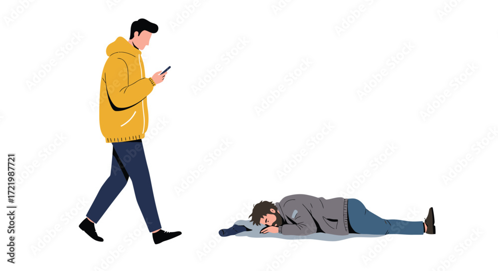 Fototapeta premium Indifference illustration: man using phone ignoring a homeless person