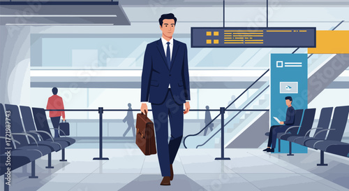 Professional businessman walking in modern airport terminal with briefcase