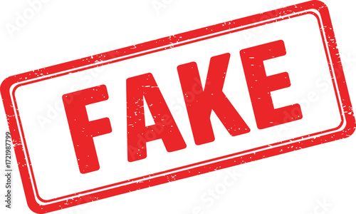 Red "fake" stamp graphic for document verification and disclaimer purposes isolated on transparent background