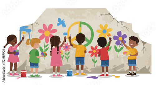 Children painting a peace mural on an old city wall illustration