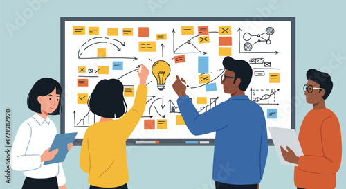 Diverse professionals collaborate brainstorming creatively on whiteboard with notes