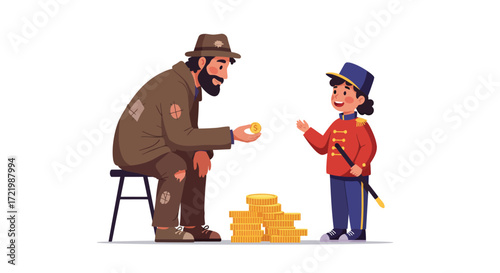 Kindness between strangers: a homeless man gives his coin to a child performer