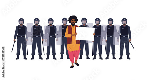 Farmer's defiance: A lone protester against a wall of riot police illustration