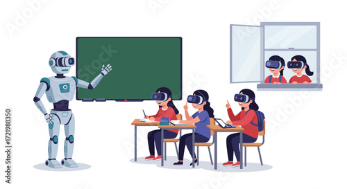 Virtual reality classroom setting with robot teacher and students learning