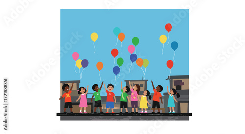 Children releasing balloons from a rooftop in a vibrant slum illustration
