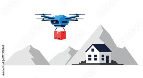 Automated delivery drone bringing packages to remote mountain homes concept