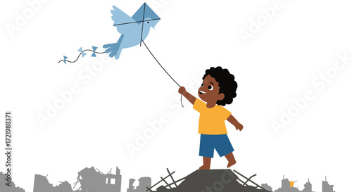 Child's hope: Flying a dove kite above war-torn city, symbolizes dreams reborn