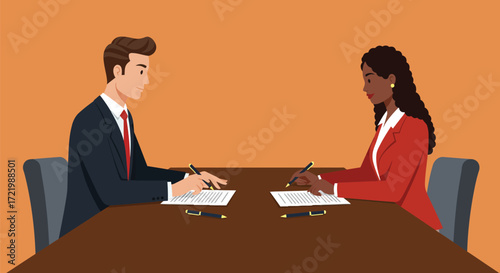 Two business professionals negotiating a business contract agreement