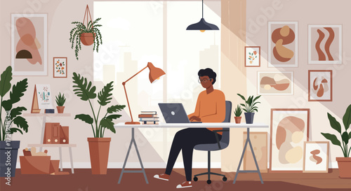Stylized illustration of a professional working in a creative home office space
