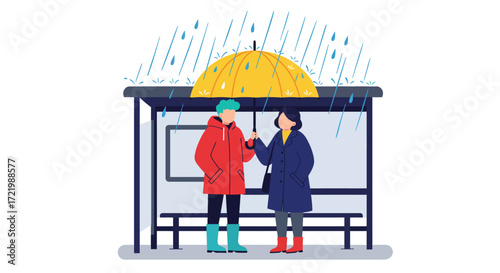 Two strangers share an umbrella at bus shelter during rain storm cartoon