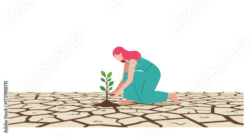 Hope amidst adversity: A woman planting a sapling in arid land