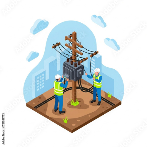 - "Isometric Electricians Servicing Power Transformer on Utility Pole in City"