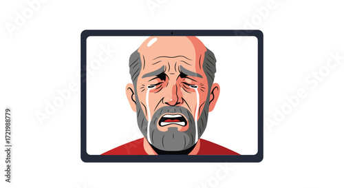 Sorrowful man displayed on tablet screen during online video conversation
