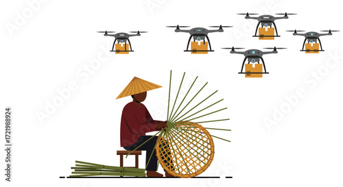 Rural craftsman weaving bamboo baskets with drone delivery network integration