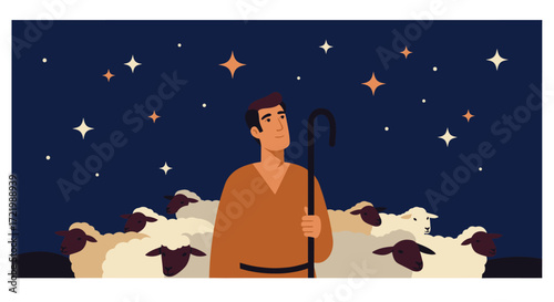Shepherd contemplates the cosmos with his flock in a tranquil nightscape