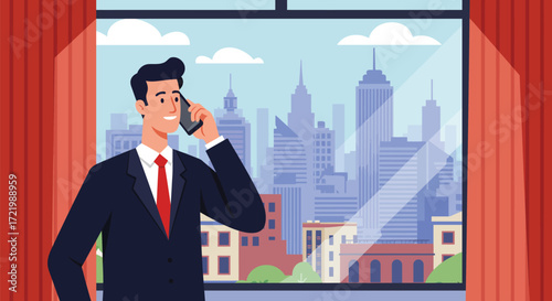 Professional communication: Businessman talking on the phone with cityscape view