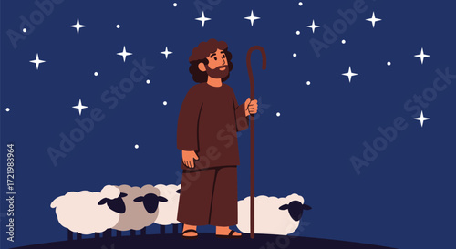 A contemplative shepherd under a starry sky with his flock at rest
