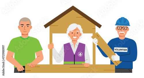 Diverse volunteers team constructing shelters after disaster relief work