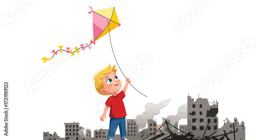Hopeful innocence: A child's kite soars above the devastation of war