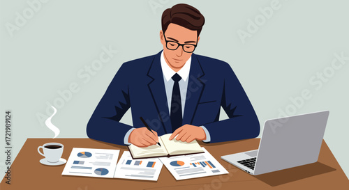 Diligent professional analyzing reports and taking notes with computer