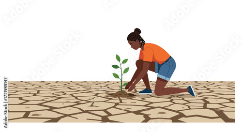 Illustration of a young woman planting a sapling in drought-stricken land