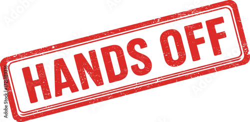 Rectangular red rubber stamp with "hands off" text in white bold letters isolated on transparent background