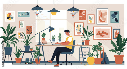 Productivity flourishes: A professional working in a creative, green workplace