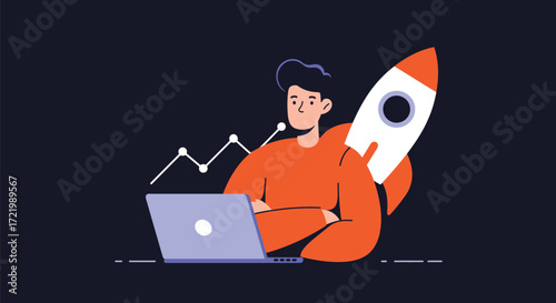 Young entrepreneur with laptop launching startup and business graph