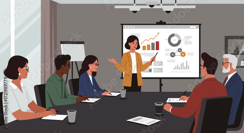 Stylish professional presenting a strategy in front of attentive investors