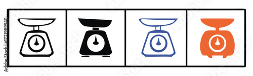 Kitchen scale icon collection with editable stroke in outline, flat. Vector. 

