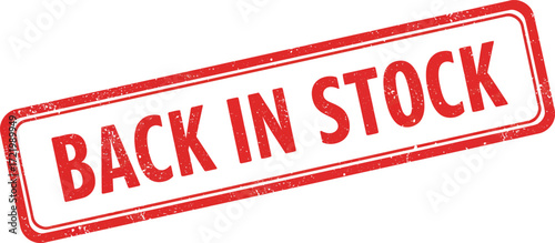 Rectangular red stamp graphic declaring back in stock for retail and commerce isolated on transparent background