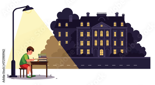 The dichotomy of education: A child's humble study versus opulent mansion