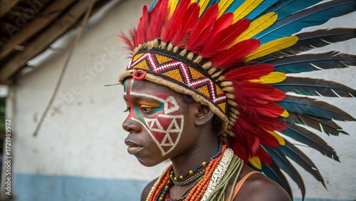 Man Wearing Tribal Headdress and Face Paint