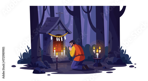 Vibrant stylized vector illustration of a man praying at forest shrine