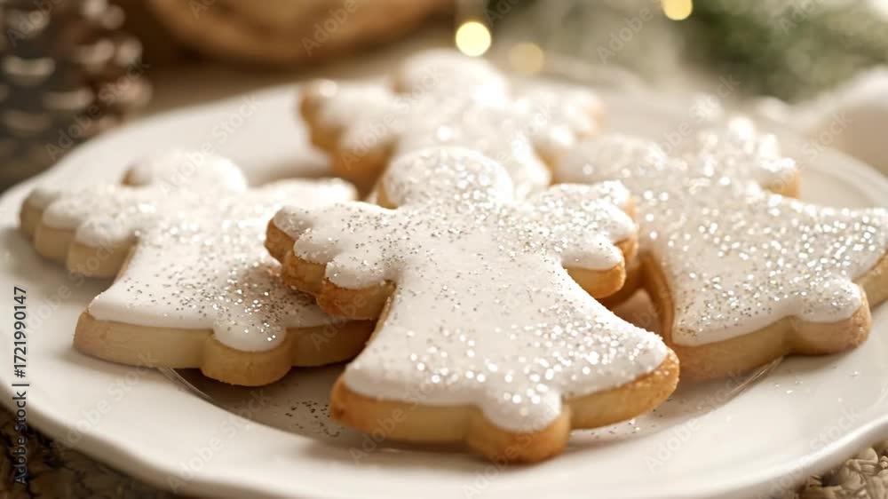 A plate of angel-shaped Christmas sugar cookies decorated with white icing and sparkling glitter sprinkles.
