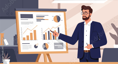 Professional presentation: Man presenting data with graphs on whiteboard