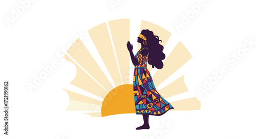 Blind woman silhouette praying on a hilltop, vibrant flat vector illustration