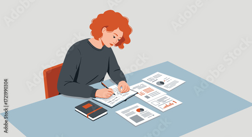 Woman analyzing documents and taking notes in a notebook at the desk