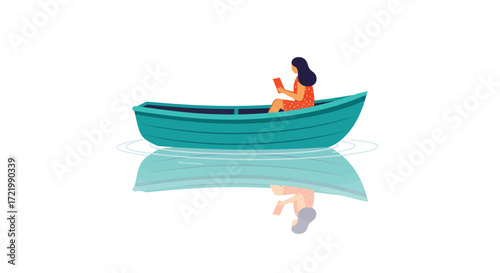 Stylized vector illustration of a woman reading on a small boat on a lake
