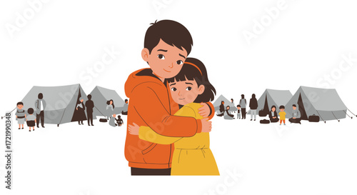 Illustration of siblings embracing at a refugee camp conveying resilience and unity